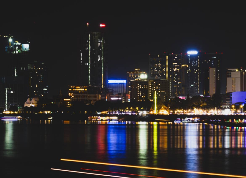 Phnom Penh high rise buildings night time.