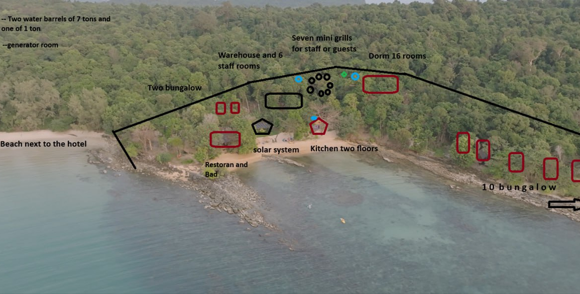 the beach of the Beach resort for sale in Koh Ta Kiev island, sihanoukville, cambodia aerial view layout