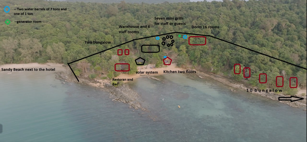 the beach of the Beach resort for sale in Koh Ta Kiev island, sihanoukville, cambodia aerial view layout